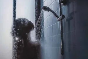 Woman meditating under a cold shower